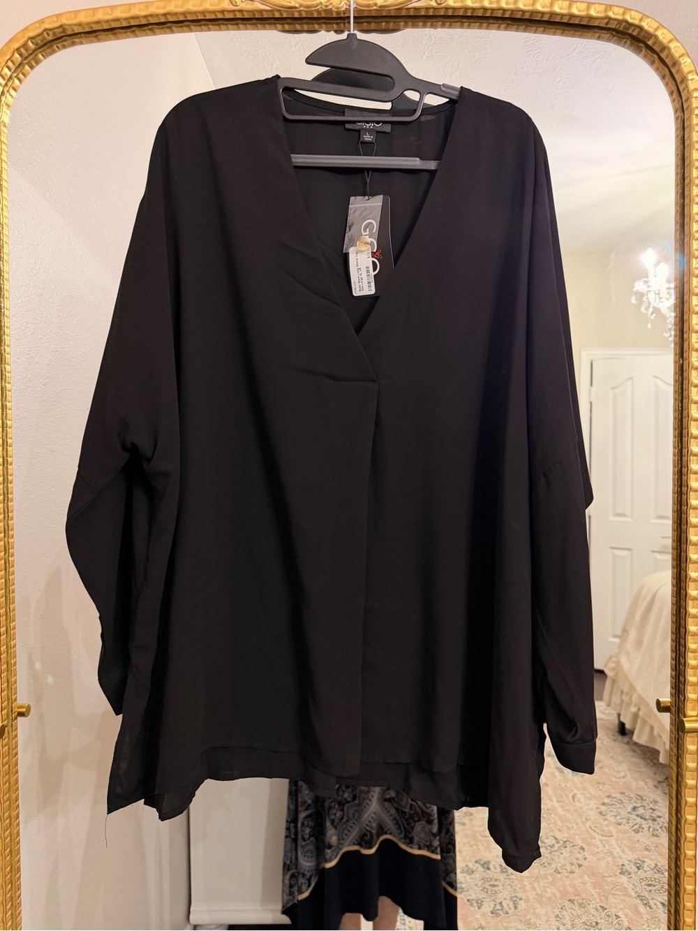Women’s Black V-Neck Long Sleeve Blouse - Contemporary Draped Top